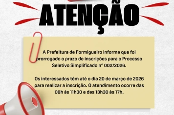 Prefeitura de Formigueiro prorroga prazo de inscrições para Processo Seletivo Simplificado